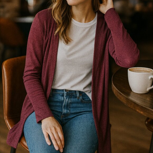 Aeropostale Women's Longline Ribbed Burgundy Open Cardigan Sweater M Cozy Layer - Picture 2 of 12